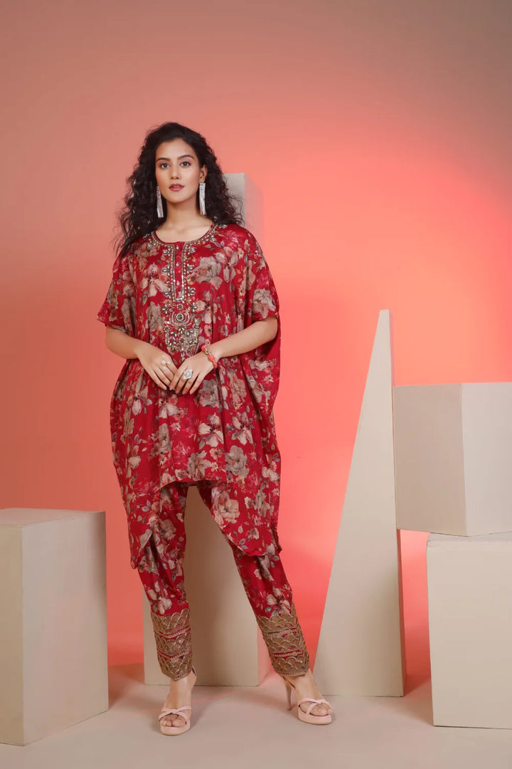 Fantasia Women's Ethnic Wear  Viscose Printed CO-ORDS SET RED/PURPLE (F-2714)