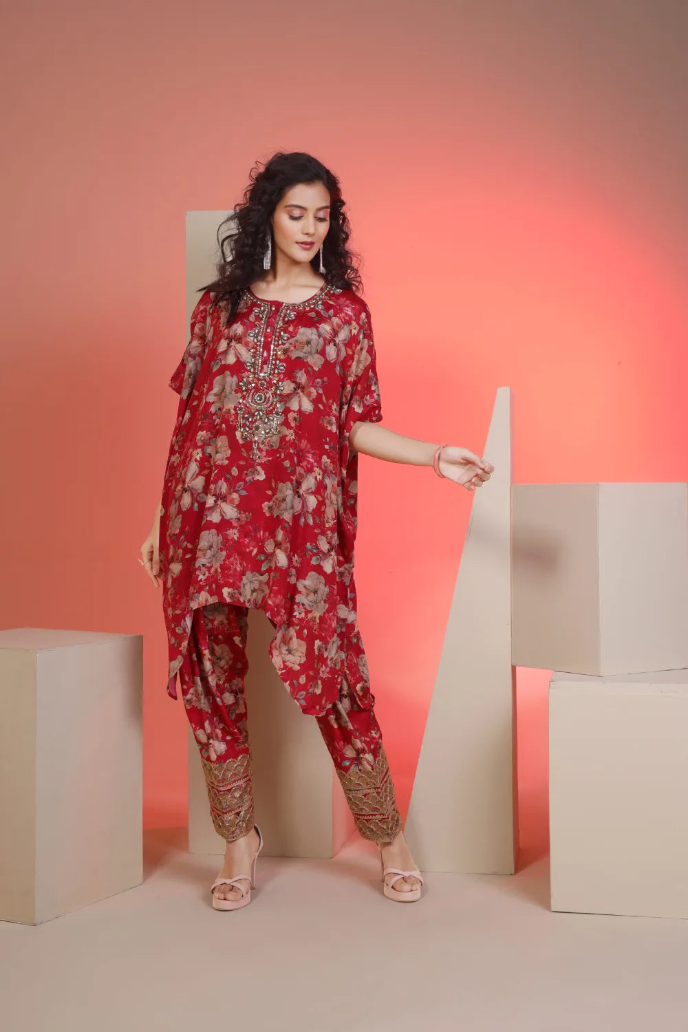 Fantasia Women's Ethnic Wear  Viscose Printed CO-ORDS SET RED/PURPLE (F-2714)