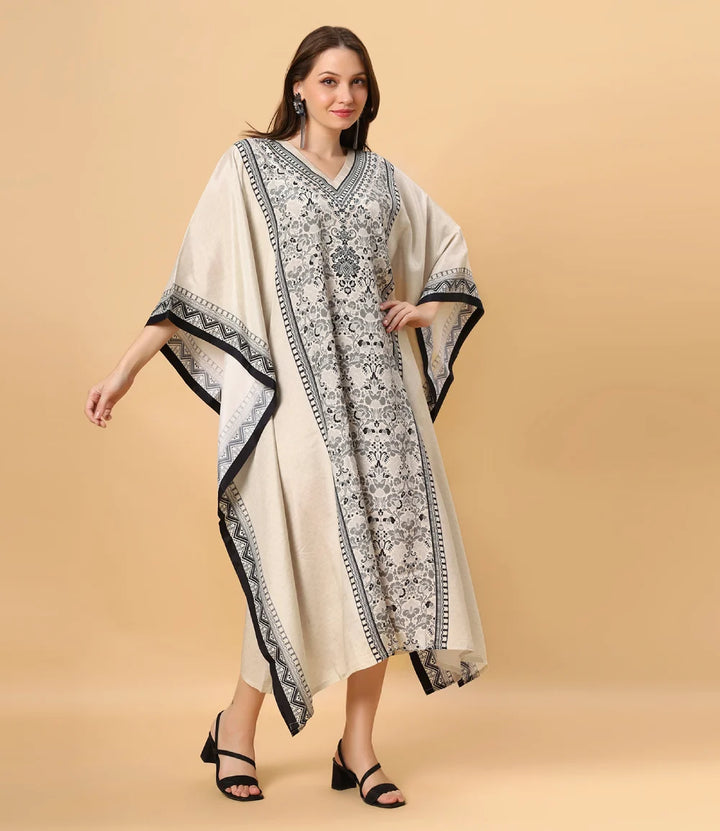 Fantasia Women's Ethnic Wear  Viscose Printed KAFTAN IVORY BLACK/BLUE (F-2804)