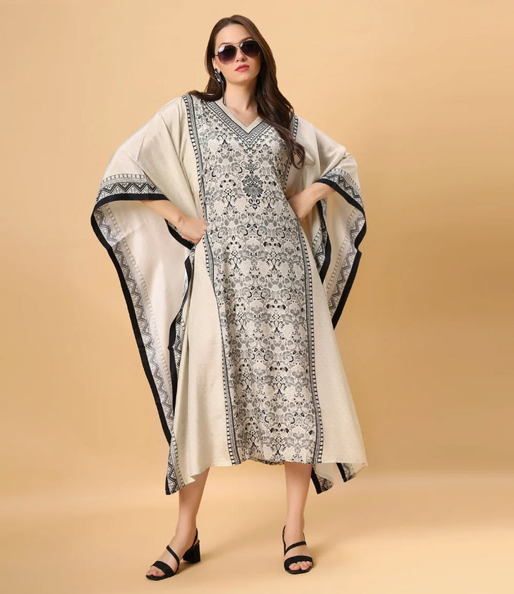 Fantasia Women's Ethnic Wear  Viscose Printed KAFTAN IVORY BLACK/BLUE (F-2804)