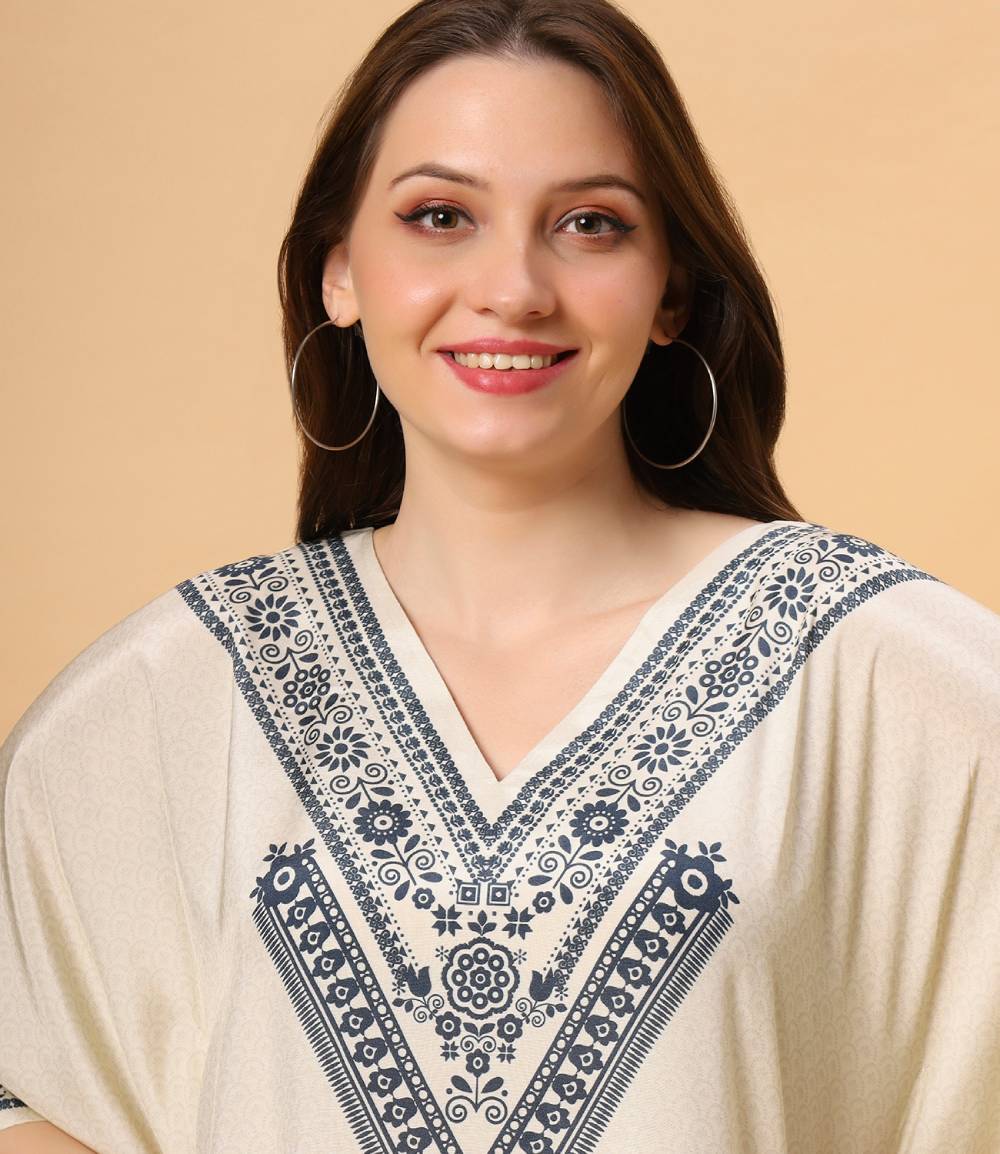 Fantasia Women's Ethnic Wear  Viscose Printed KAFTAN IVORY BLACK/INDIGO (F-2807)