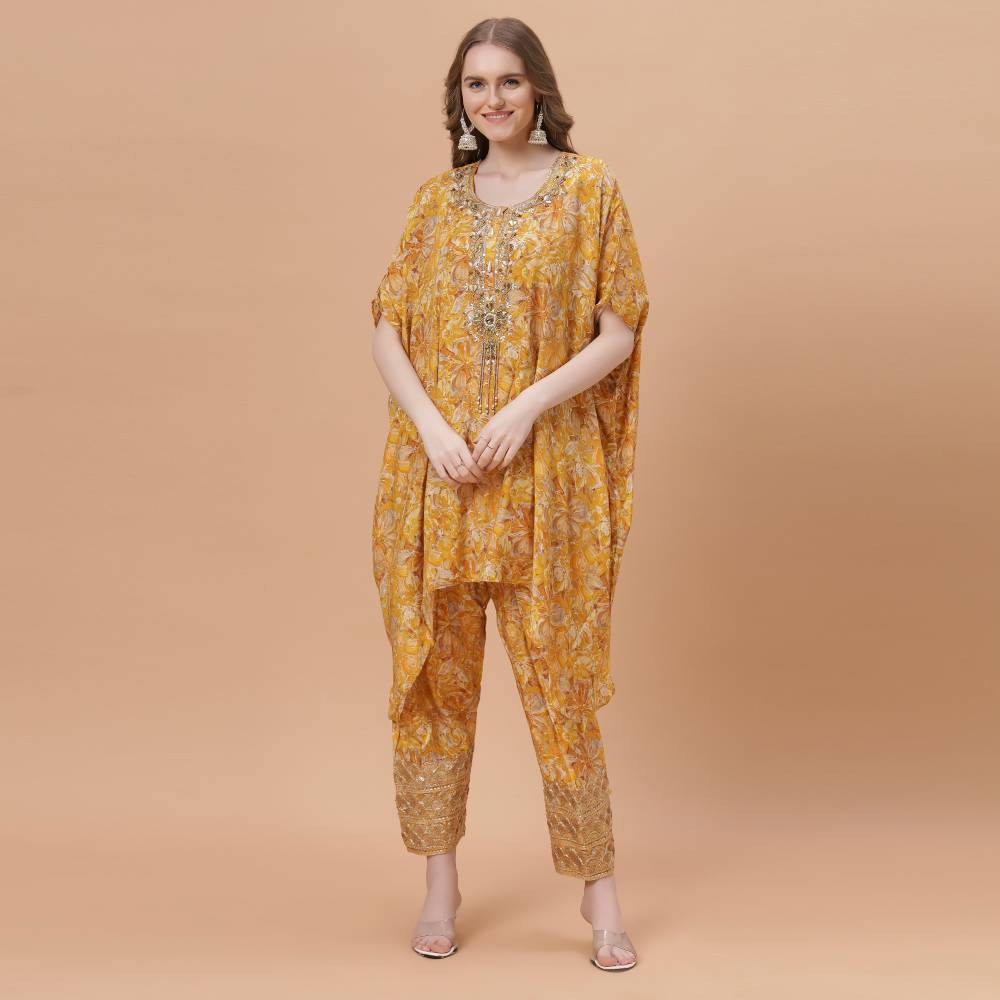 Fantasia Women's Ethnic Wear  Viscose Printed CO-ORDS SET PINK/YELLOW (F-2712)