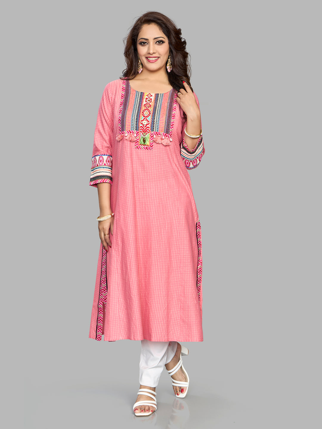 Fantasia Women's Ethnic Wear Cotton Checks KURTA PINK (F-2660)