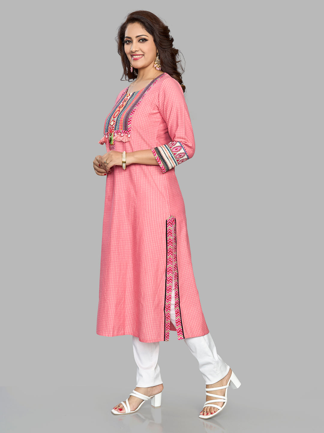 Fantasia Women's Ethnic Wear Cotton Checks KURTA PINK (F-2660)