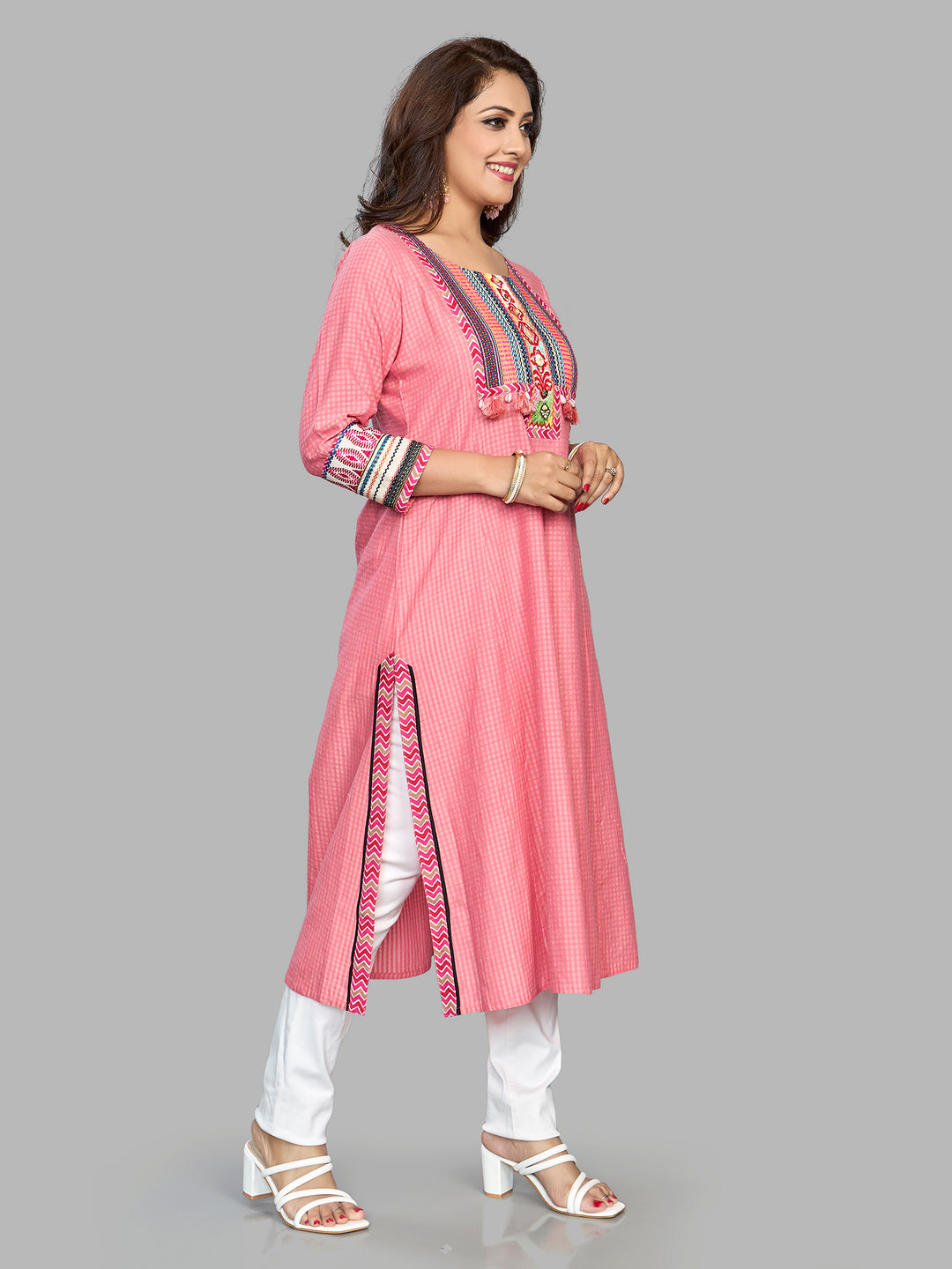 Fantasia Women's Ethnic Wear Cotton Checks KURTA PINK (F-2660)