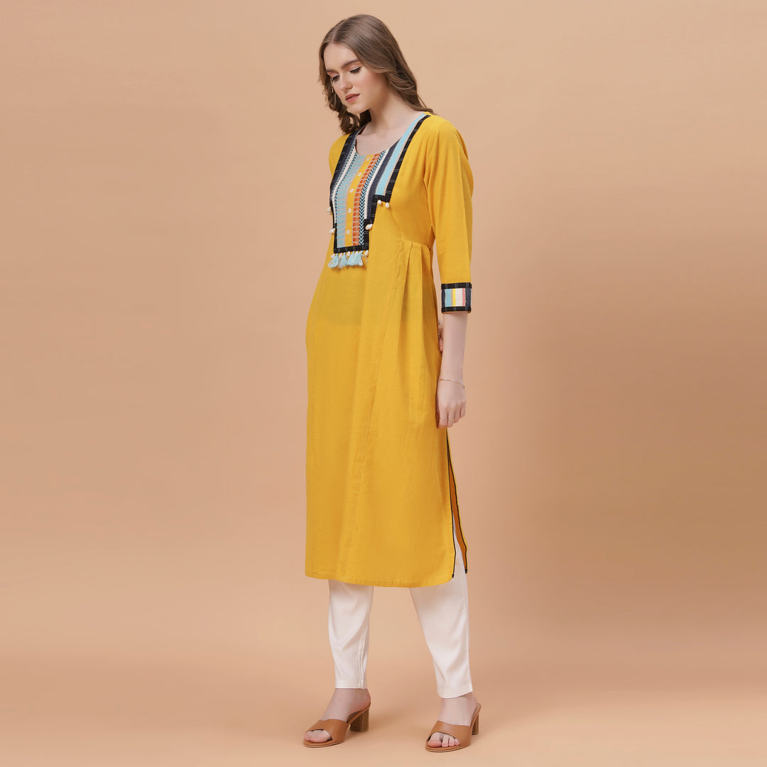 Fantasia Women's Ethnic Wear Cotton Solid KURTA YELLOW (F-2663)