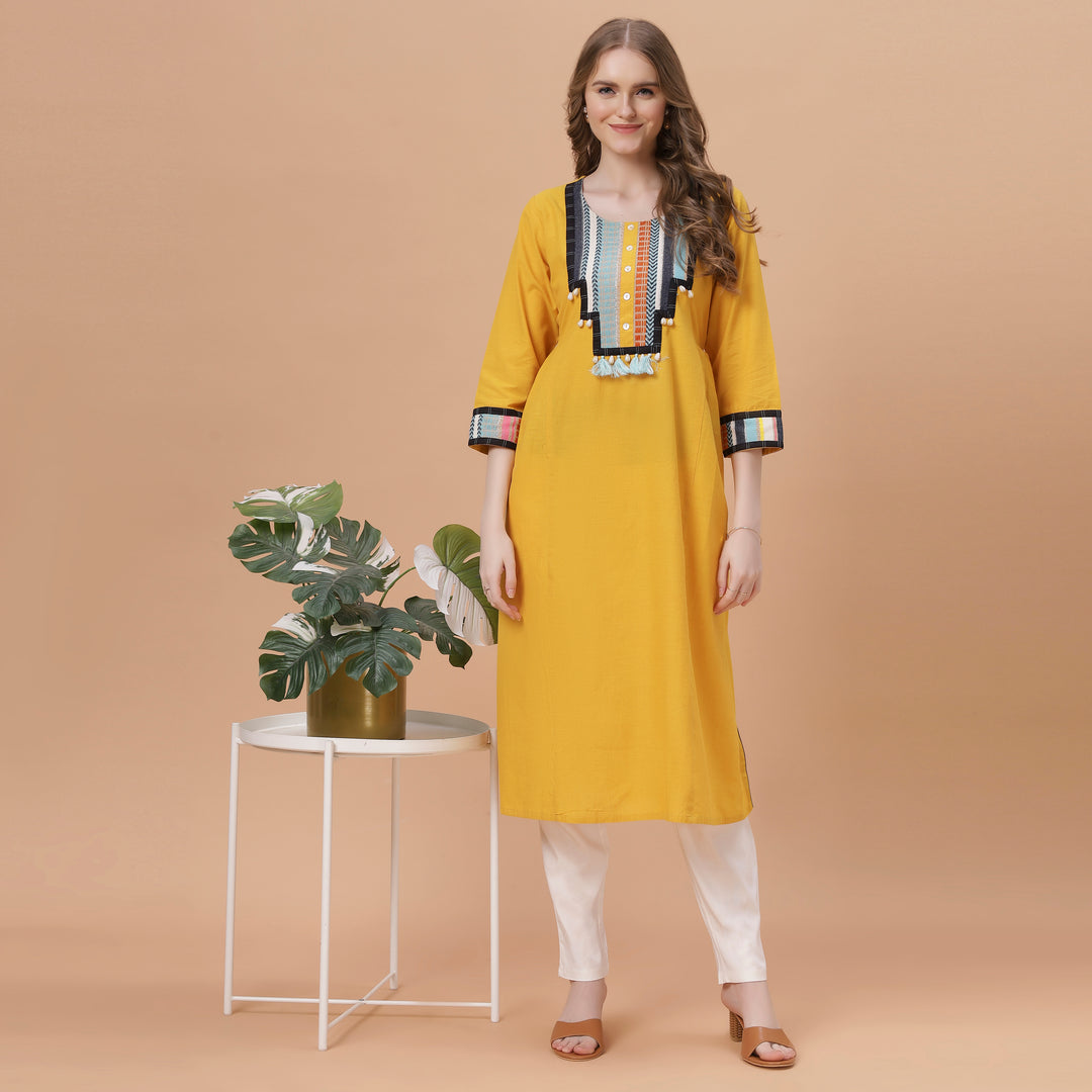 Fantasia Women's Ethnic Wear Cotton Solid KURTA YELLOW (F-2663)