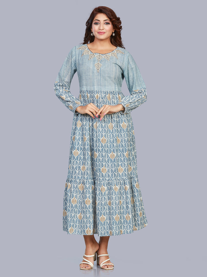 Fantasia Women's Ethnic Wear Cotton Printed Dress SKY BLUE (F-2755)