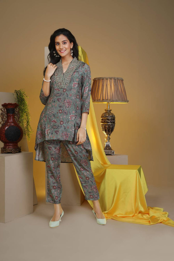 Fantasia Women's Ethnic Wear  Viscose Printed CO-ORDS SET DUSTY GREEN (F-2783)