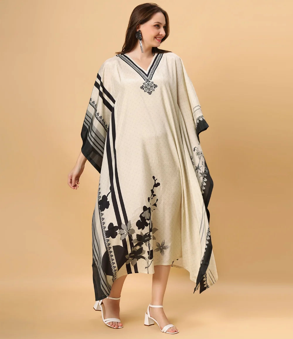 Fantasia Women's Ethnic Wear  Viscose Printed KAFTAN IVORY BLACK (F-2803)