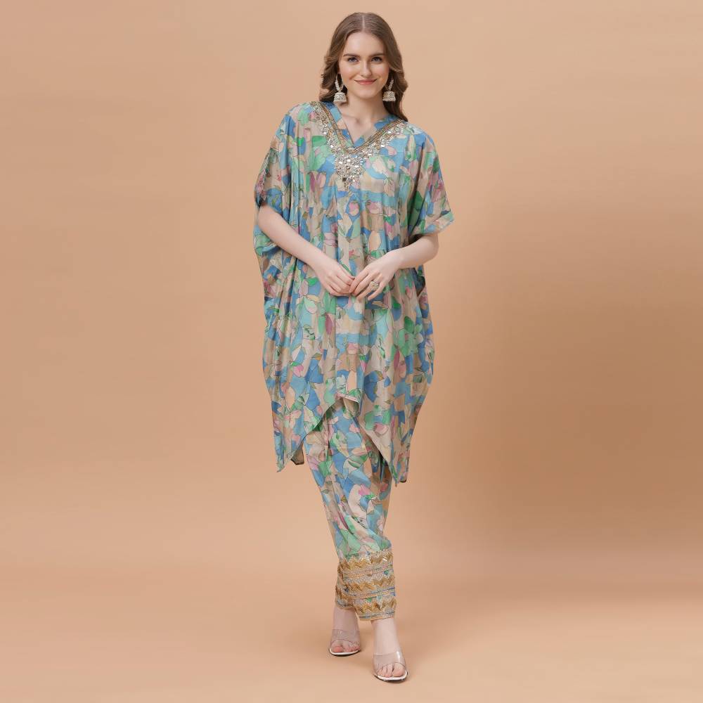 Fantasia Women's Ethnic Wear  Viscose Printed CO-ORDS SET BLUE /YELLOW (F-2836)