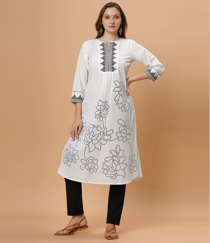 Fantasia Women's Ethnic Wear  Cotton Solid Printed KURTA WHITE(F-2880)