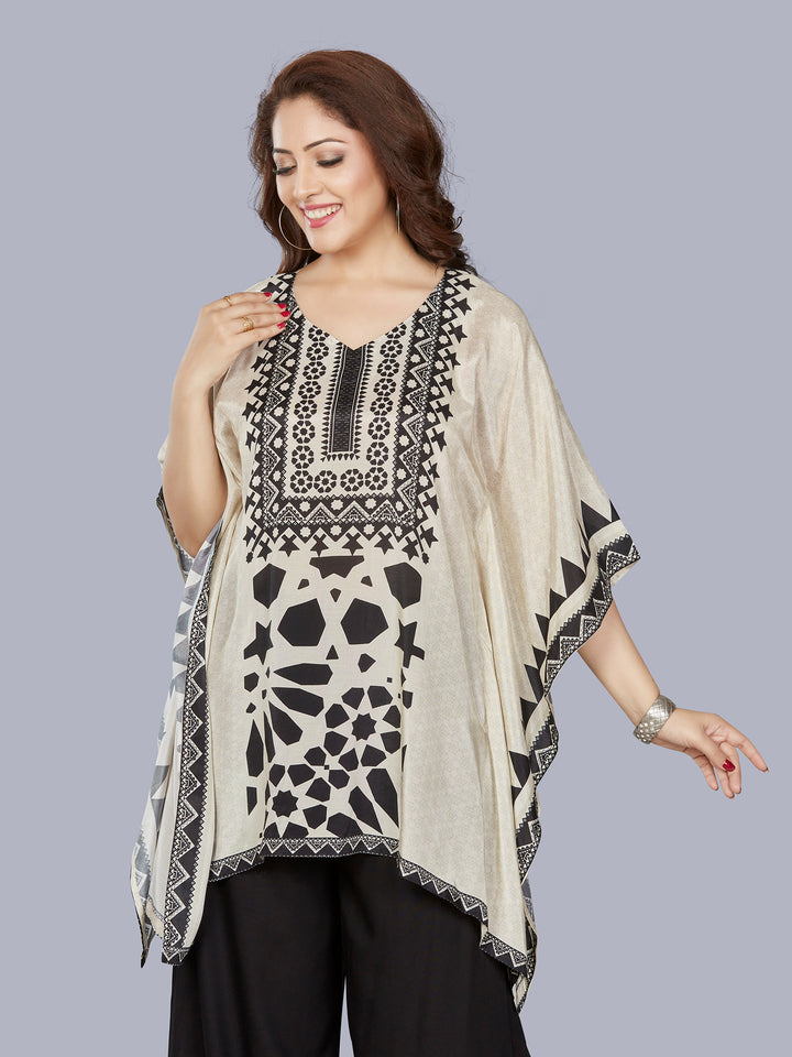 Fantasia Women's Ethnic Wear Viscose Printed  KURTI Ivory Black (F-3301A)