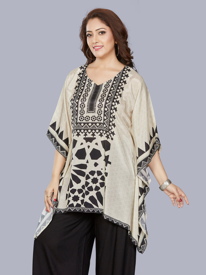 Fantasia Women's Ethnic Wear Viscose Printed  KURTI Ivory Black (F-3301A)