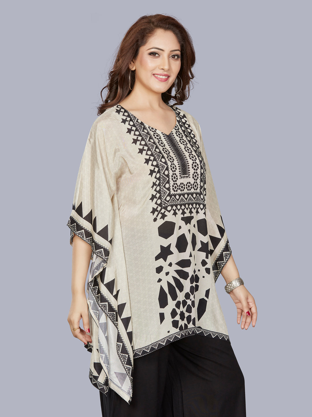 Fantasia Women's Ethnic Wear Viscose Printed  KURTI Ivory Black (F-3301A)