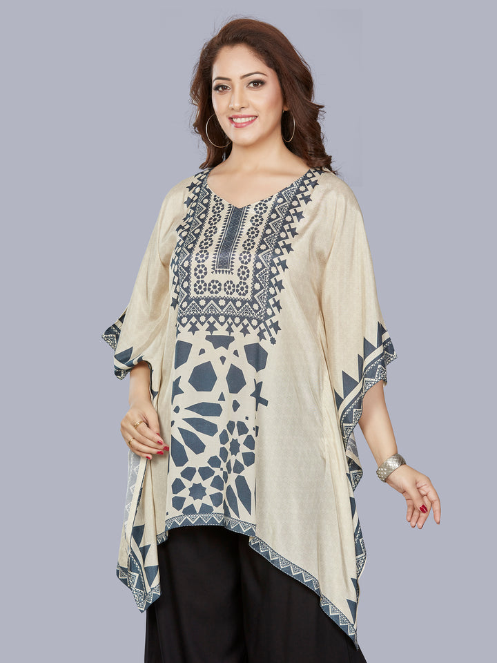 Fantasia Women's Ethnic Wear Viscose Printed  KURTI Ivory Indigo (F-3301B)