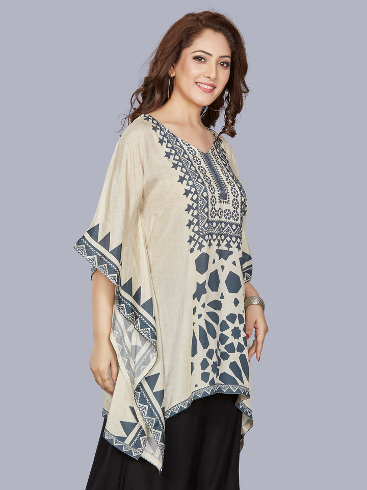 Fantasia Women's Ethnic Wear Viscose Printed  KURTI Ivory Indigo (F-3301B)