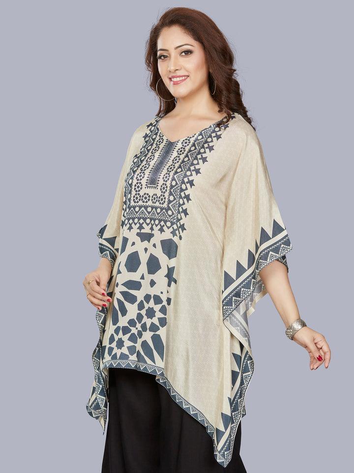 Fantasia Women's Ethnic Wear Viscose Printed  KURTI Ivory Indigo (F-3301B)