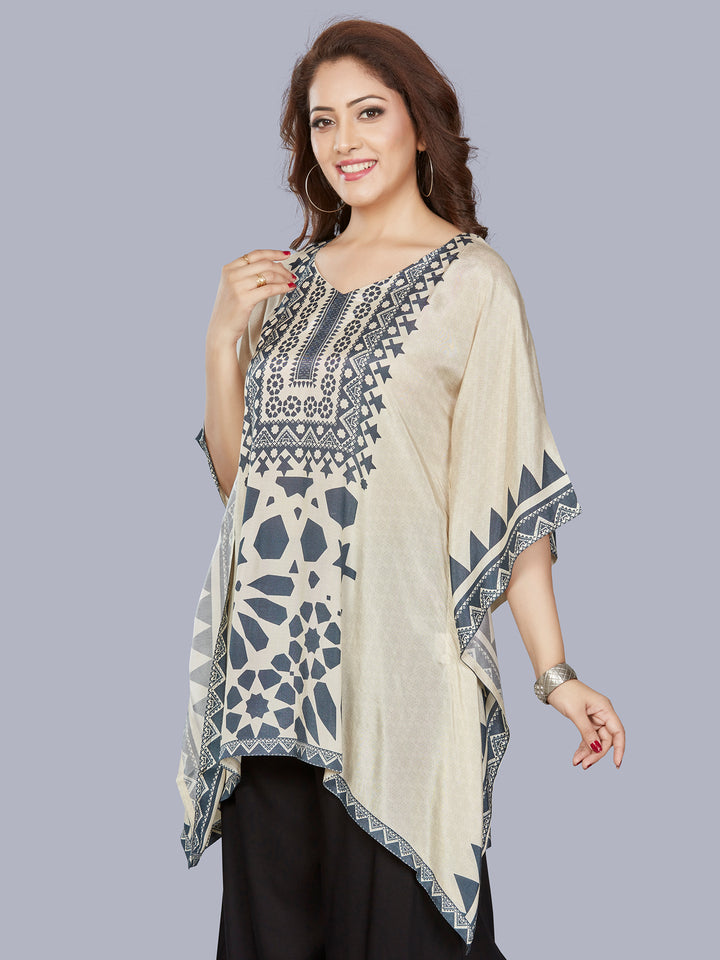Fantasia Women's Ethnic Wear Viscose Printed  KURTI Ivory Indigo (F-3301B)