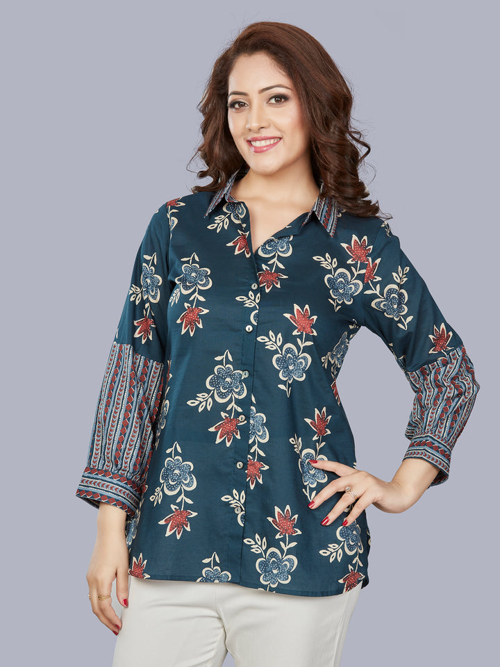 Fantasia Women's Ethnic Wear Cotton Printed  KURTI Blue/Grey (F-3474)