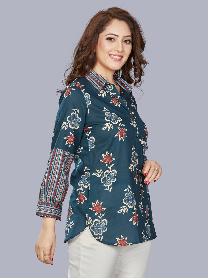 Fantasia Women's Ethnic Wear Cotton Printed  KURTI Blue/Grey (F-3474)