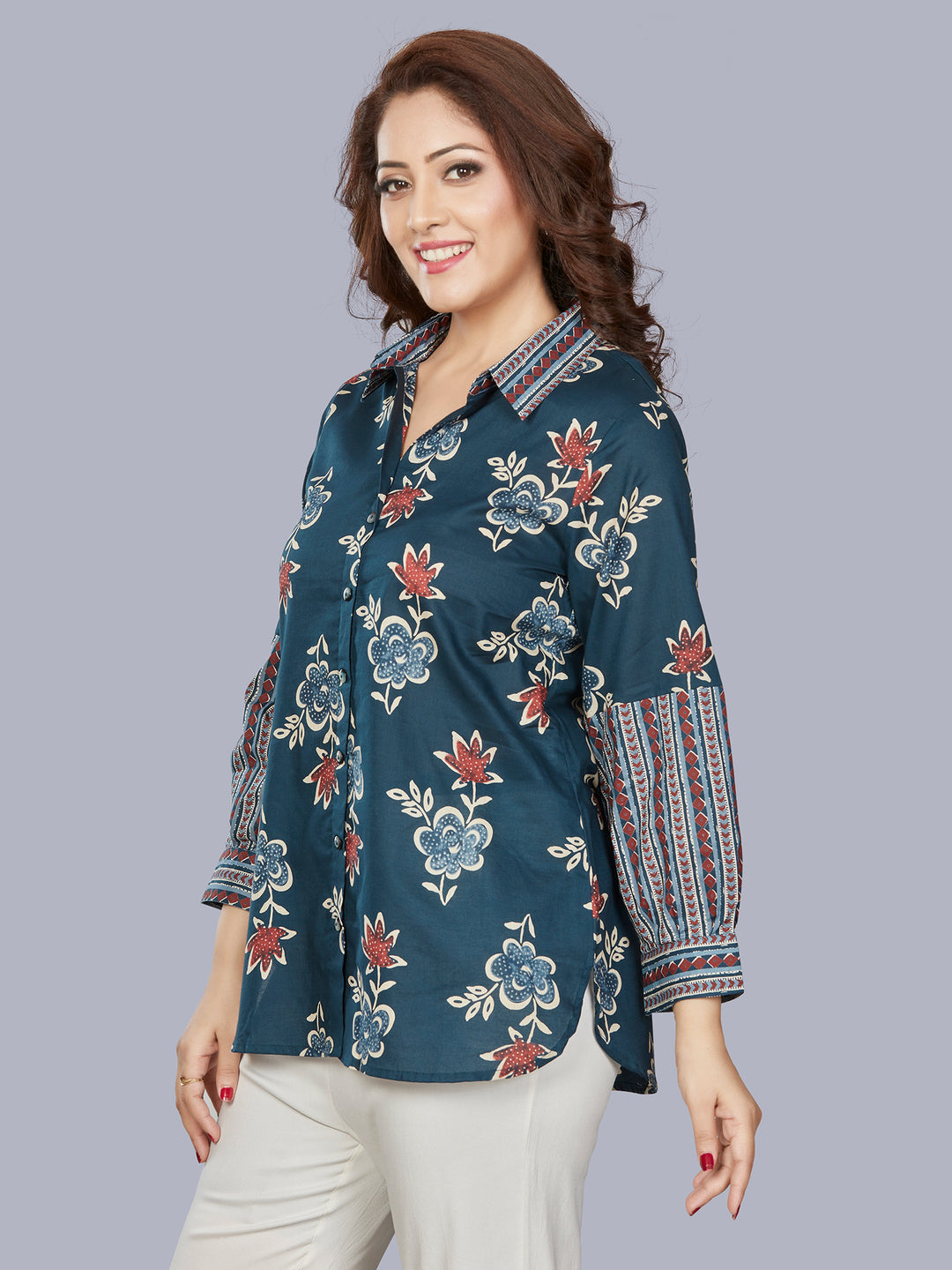 Fantasia Women's Ethnic Wear Cotton Printed  KURTI Blue/Grey (F-3474)