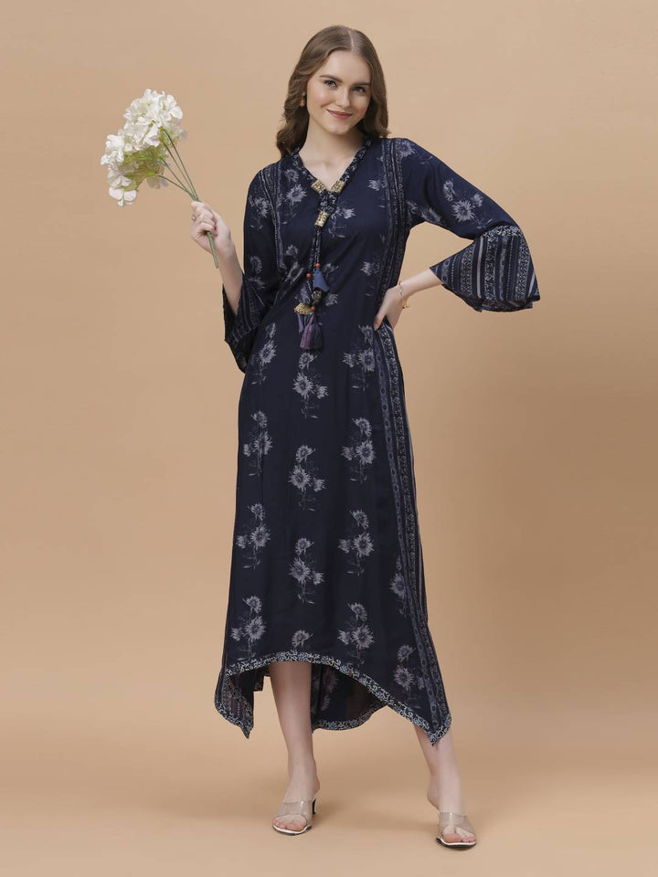 Fantasia Women's Ethnic Wear Viscose  Printed Dress Indigo (F-2891)