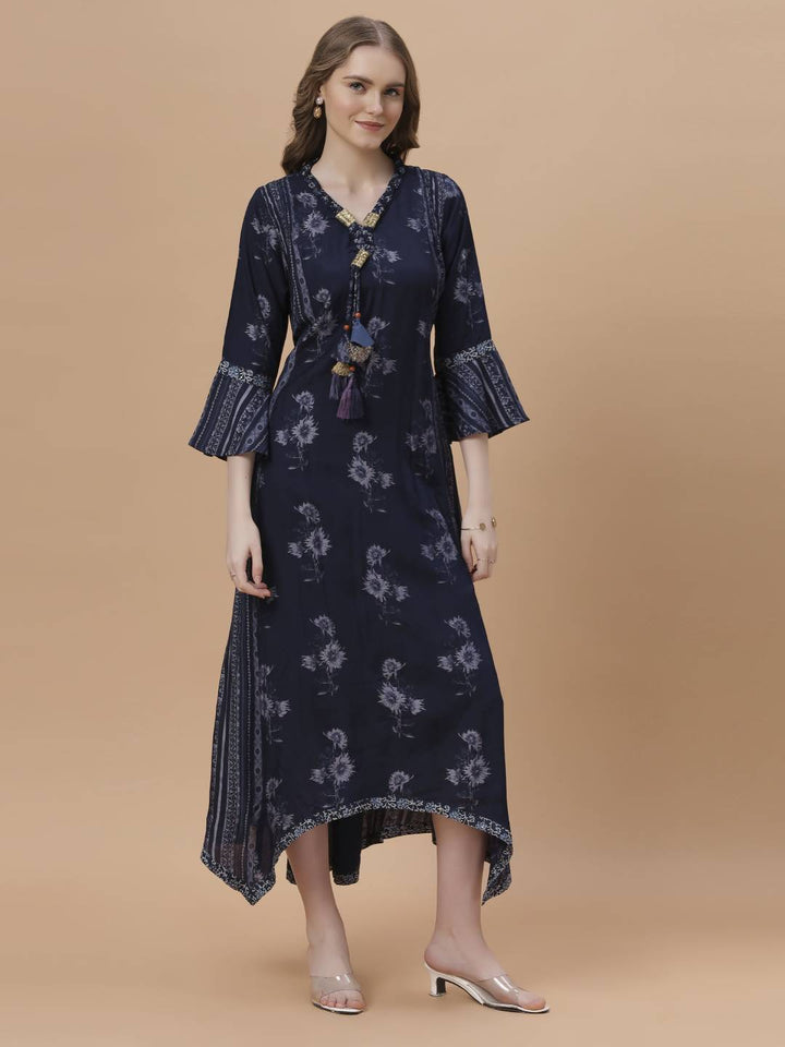 Fantasia Women's Ethnic Wear Viscose  Printed Dress Indigo (F-2891)